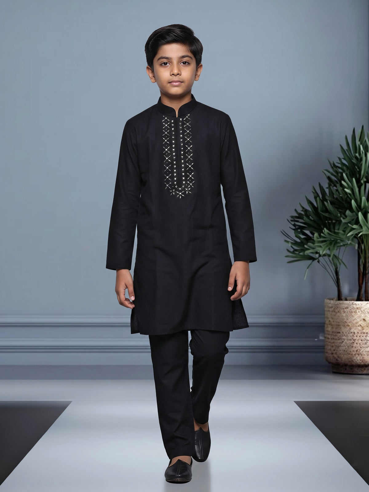 Black boys kurta pajama set with silver cutdana neckline