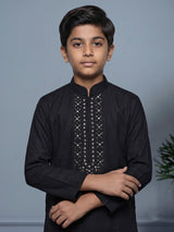 Black boys kurta pajama set with silver cutdana neckline