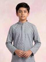 Slate grey linen boys kurta pajama set with vine embroidery