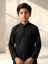 Jet black linen boys kurta pajama set with botanical embroidery