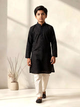 Jet black linen boys kurta pajama set with botanical embroidery