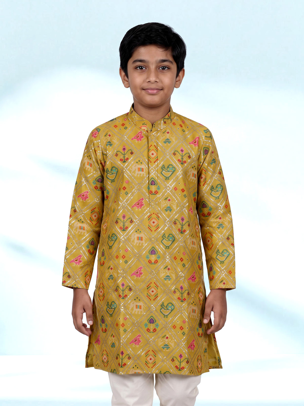 Mustard yellow silk boys kurta pajama with Patola detailing