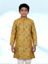 Mustard yellow silk boys kurta pajama with Patola detailing