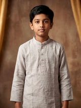 Heather grey linen boys kurta pajama set with tonal embroidery