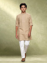 Khaki linen boys kurta pajama set with geometric embroidery
