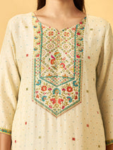 Off white cotton blend kurti set with teal jacquard dupatta