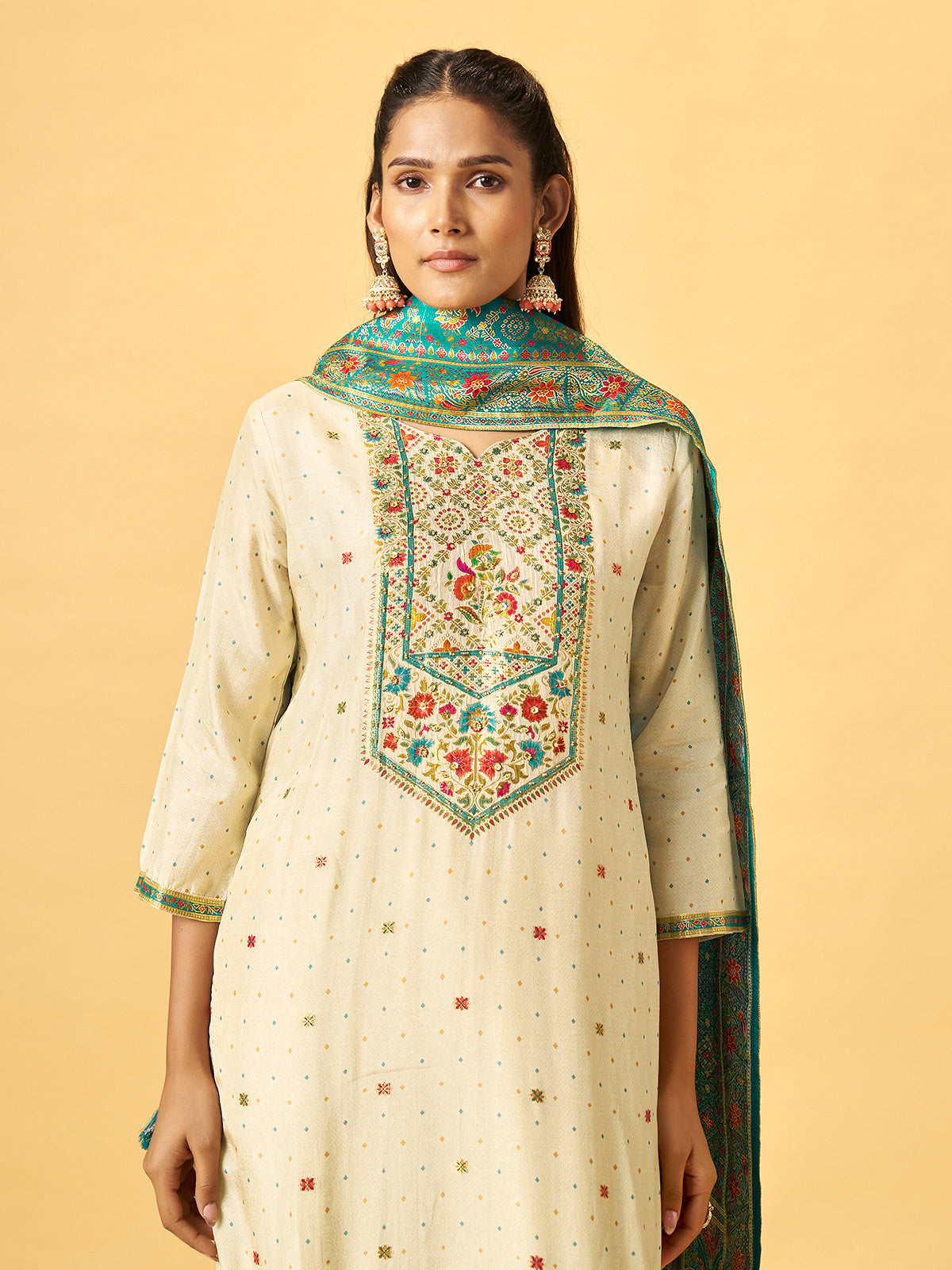 Off white cotton blend kurti set with teal jacquard dupatta