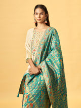 Off white cotton blend kurti set with teal jacquard dupatta