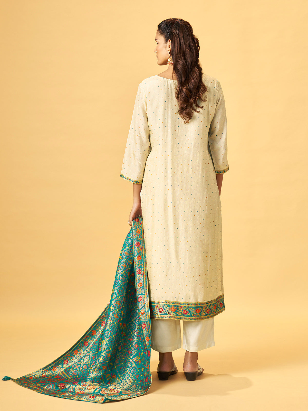 Off white cotton blend kurti set with teal jacquard dupatta