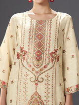 Cream cotton blend kashmiri inspired kurti set with zari detailing