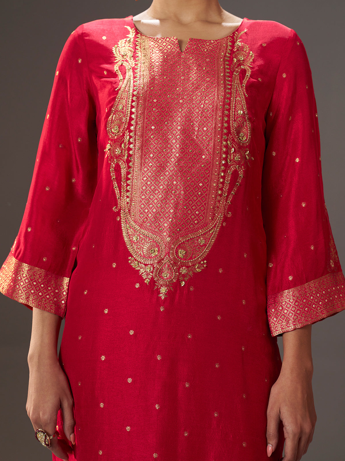 Crimson red silk blend kurti set with zari embellishments