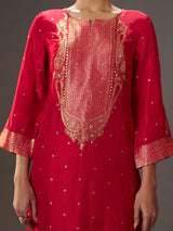 Crimson red silk blend kurti set with zari embellishments