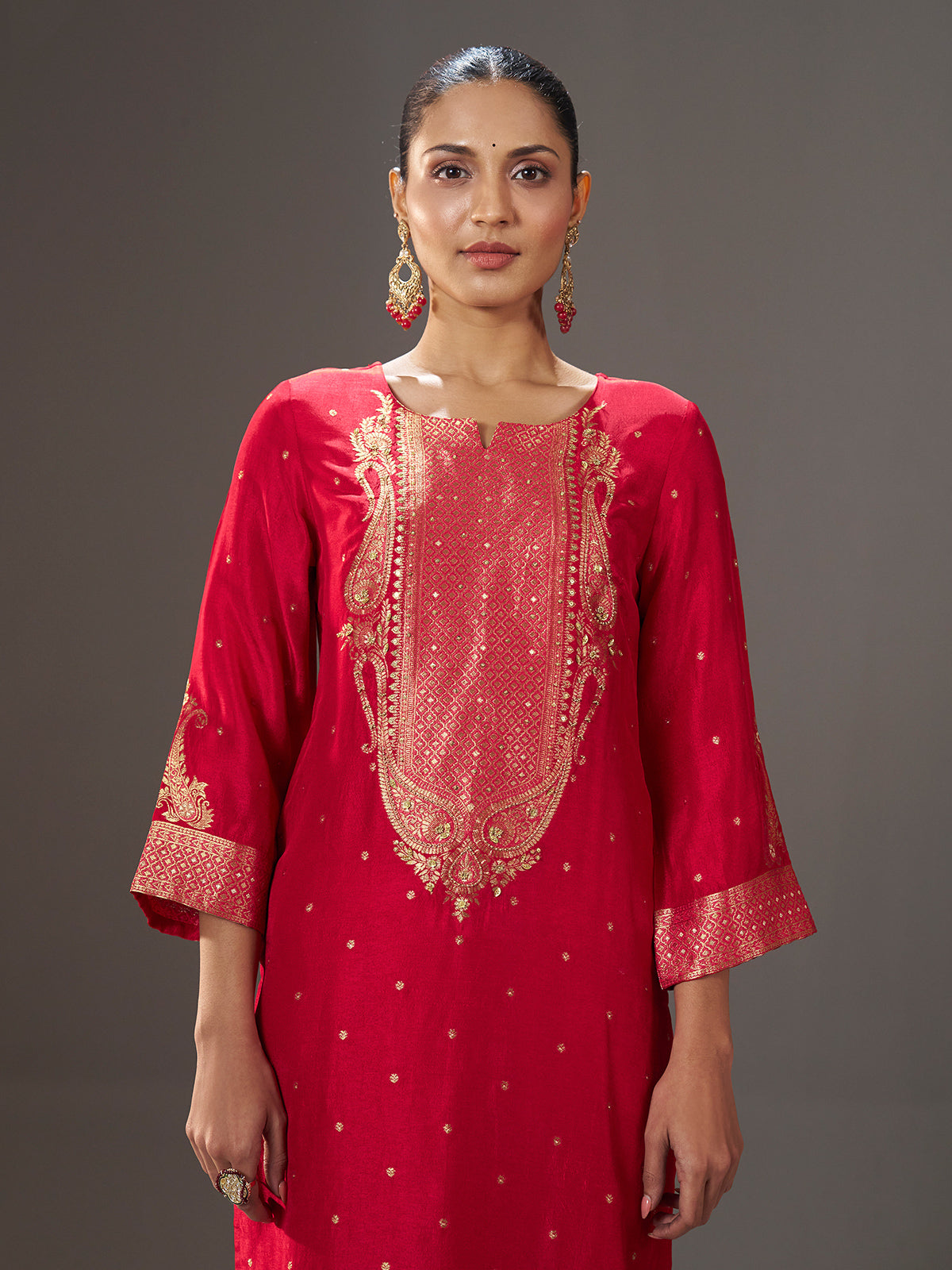 Crimson red silk blend kurti set with zari embellishments