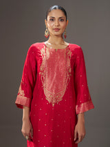 Crimson red silk blend kurti set with zari embellishments