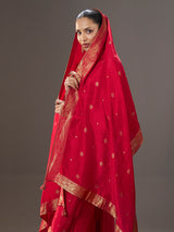 Crimson red silk blend kurti set with zari embellishments