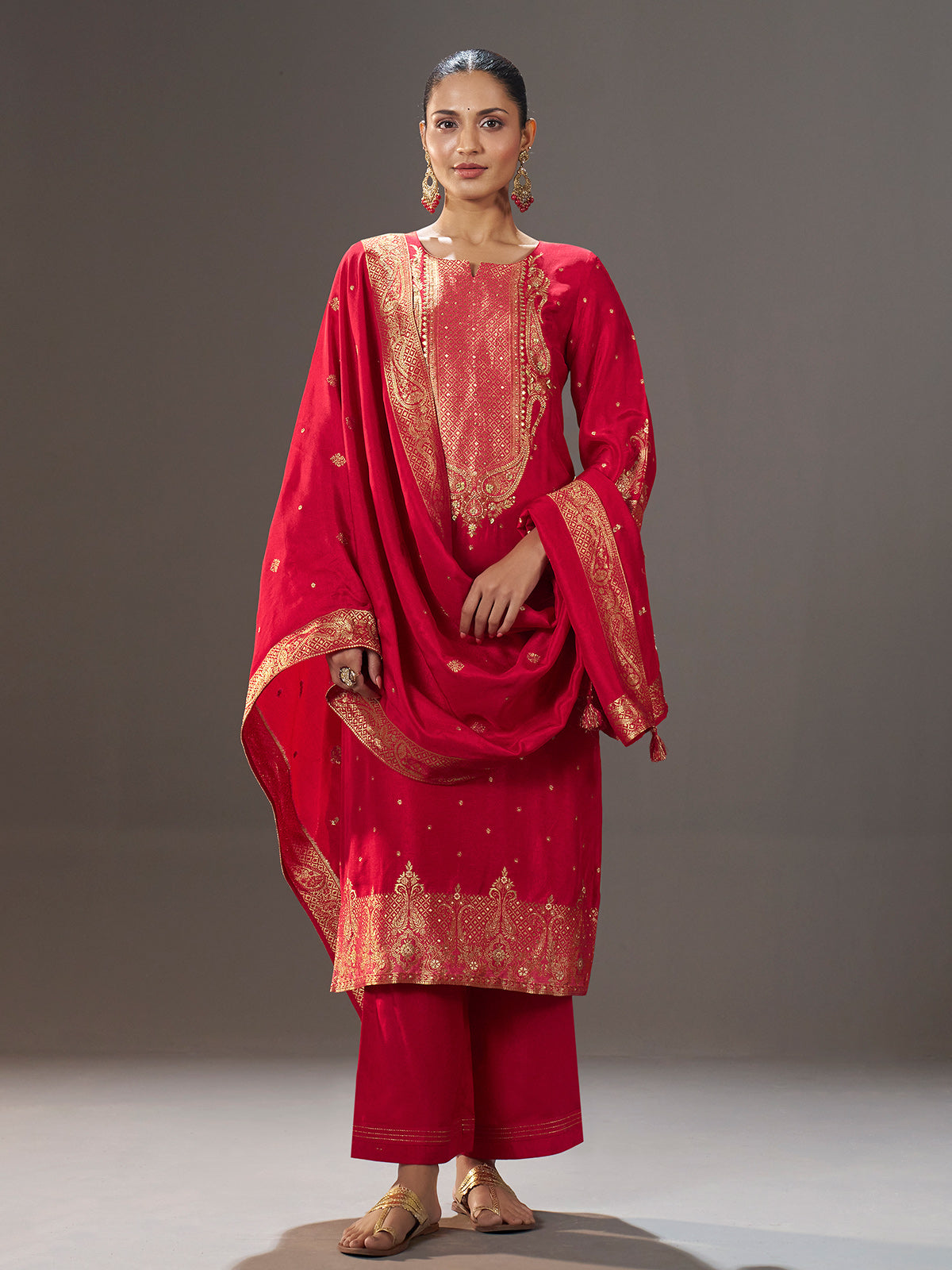 Crimson red silk blend kurti set with zari embellishments