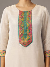 Off white cotton blend kurti set with multicolor jacquard dupatta
