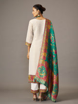 Off white cotton blend kurti set with multicolor jacquard dupatta