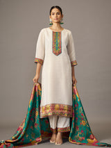 Off white cotton blend kurti set with multicolor jacquard dupatta