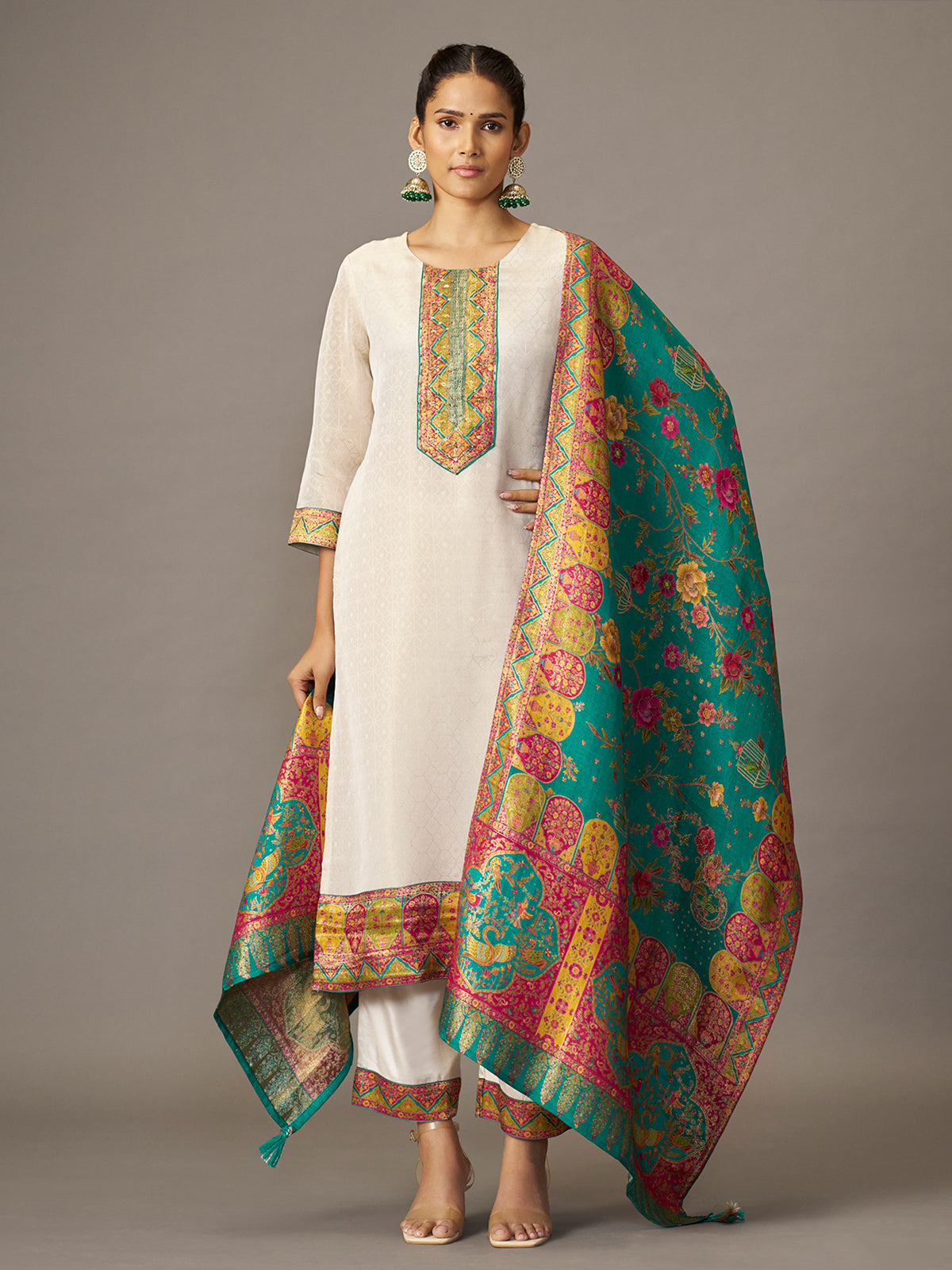 Off white cotton blend kurti set with multicolor jacquard dupatta