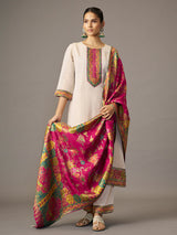 Off white ethnic kurti set with Rani pink jacquard dupatta