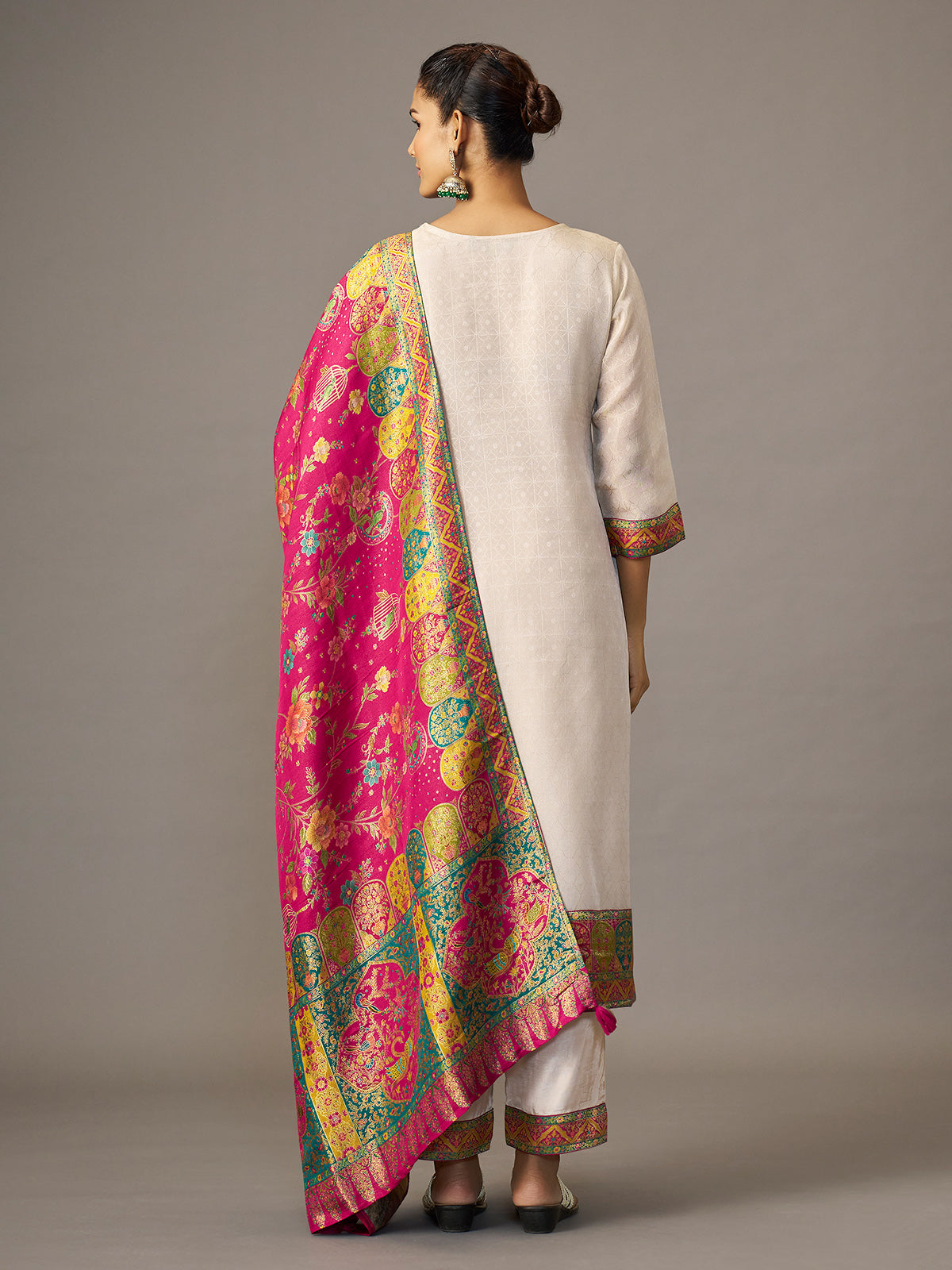 Off white ethnic kurti set with Rani pink jacquard dupatta