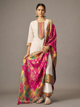 Off white ethnic kurti set with Rani pink jacquard dupatta