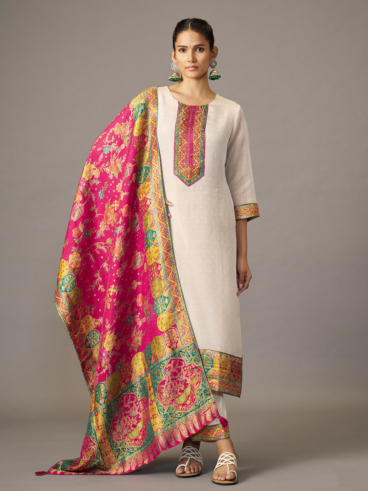 Off white ethnic kurti set with Rani pink jacquard dupatta