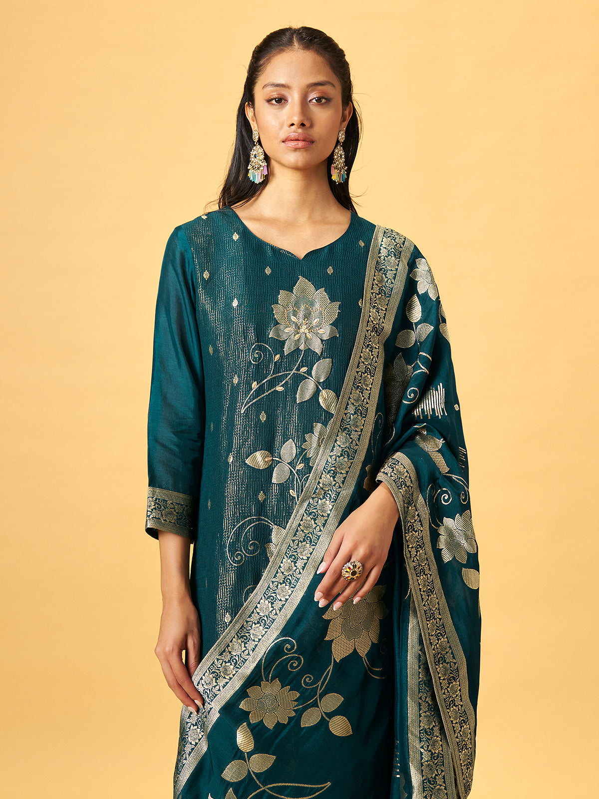 Deep teal green silk blend kurti set with floral embroidery