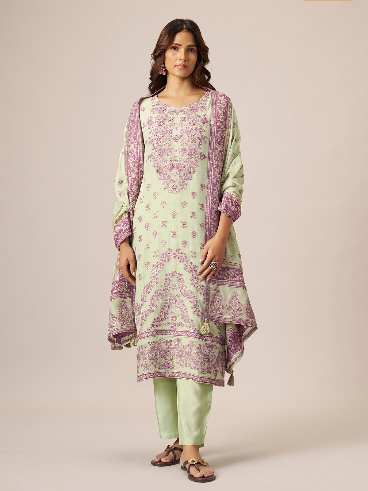 Pastel pistachio mint green cotton blend kurti set with zari work