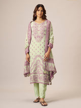 Pastel pistachio mint green cotton blend kurti set with zari work