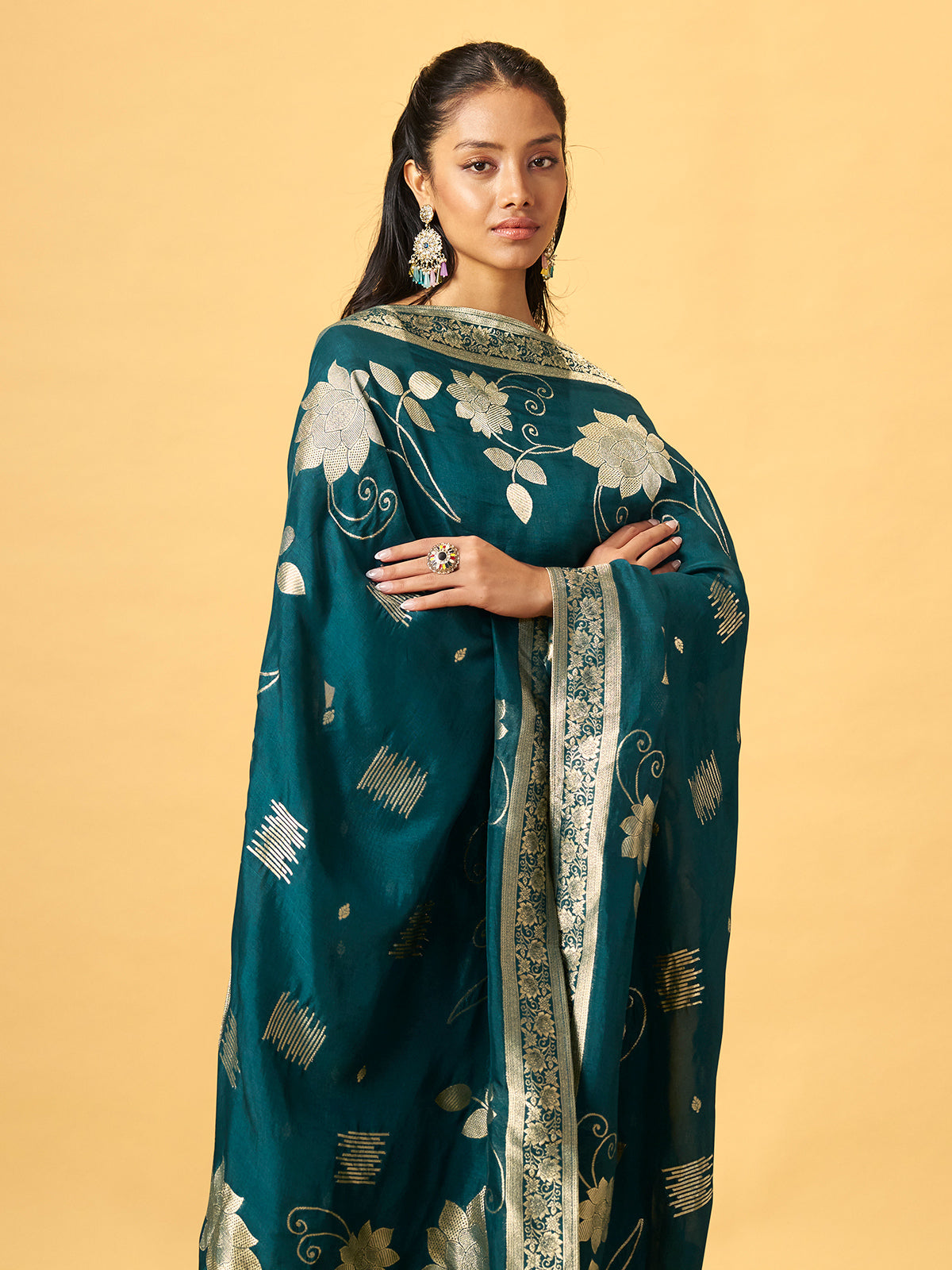 Deep teal green silk blend kurti set with floral embroidery