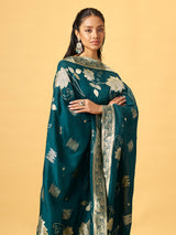 Deep teal green silk blend kurti set with floral embroidery