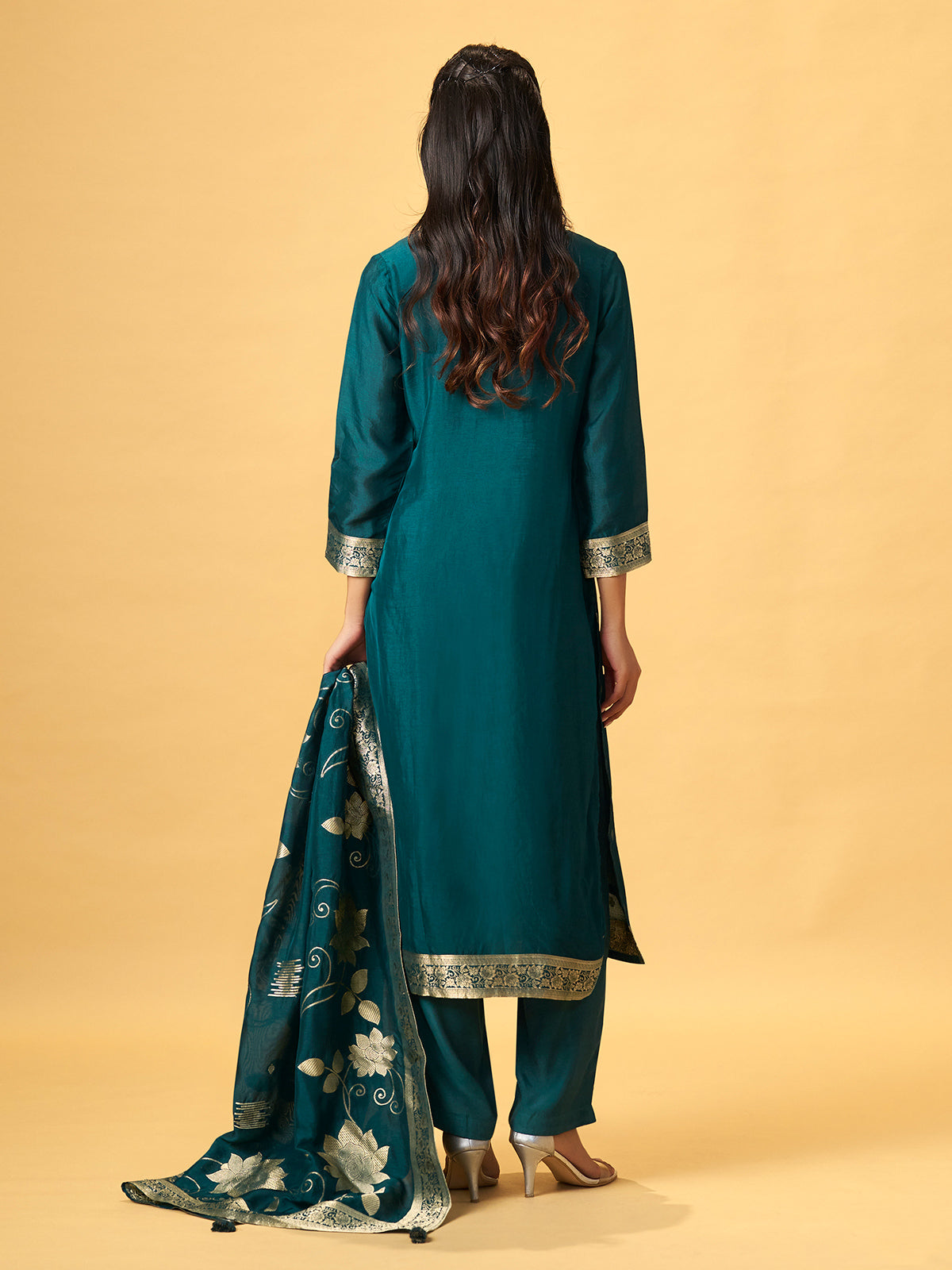 Deep teal green silk blend kurti set with floral embroidery
