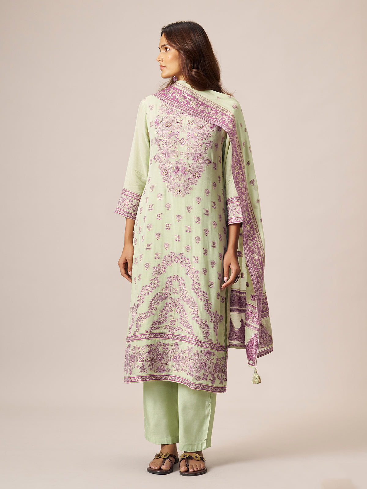 Pastel pistachio mint green cotton blend kurti set with zari work
