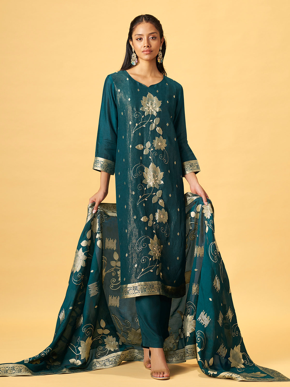 Deep teal green silk blend kurti set with floral embroidery