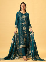 Deep teal green silk blend kurti set with floral embroidery