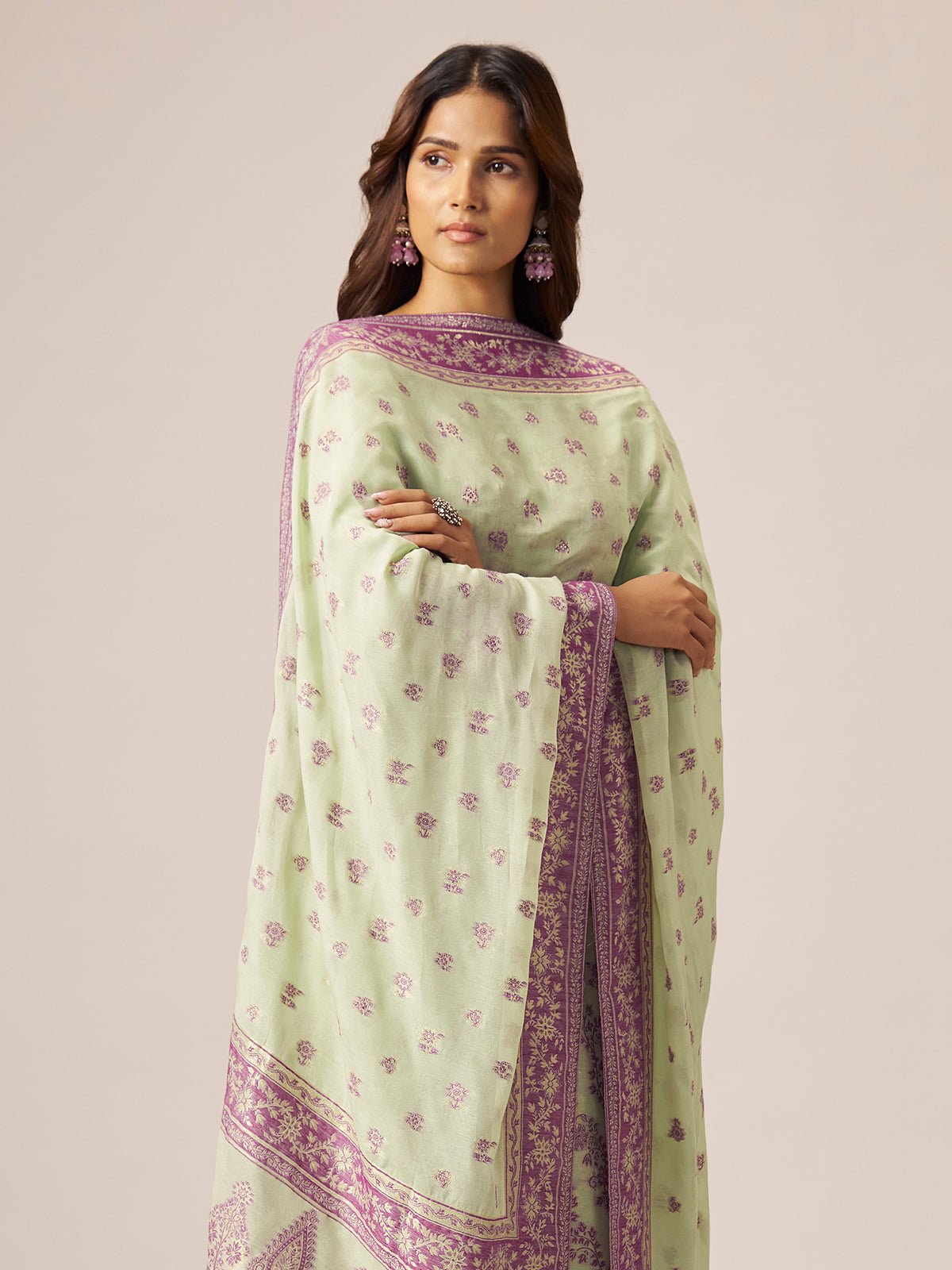 Pastel pistachio mint green cotton blend kurti set with zari work