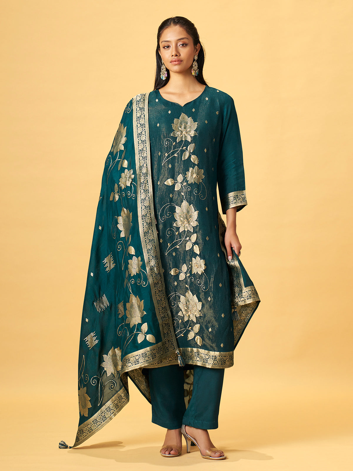 Deep teal green silk blend kurti set with floral embroidery