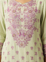 Pastel pistachio mint green cotton blend kurti set with zari work