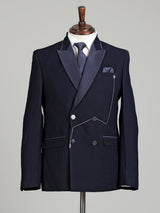 Midnight navy double-breasted tuxedo suit with metallic brooch