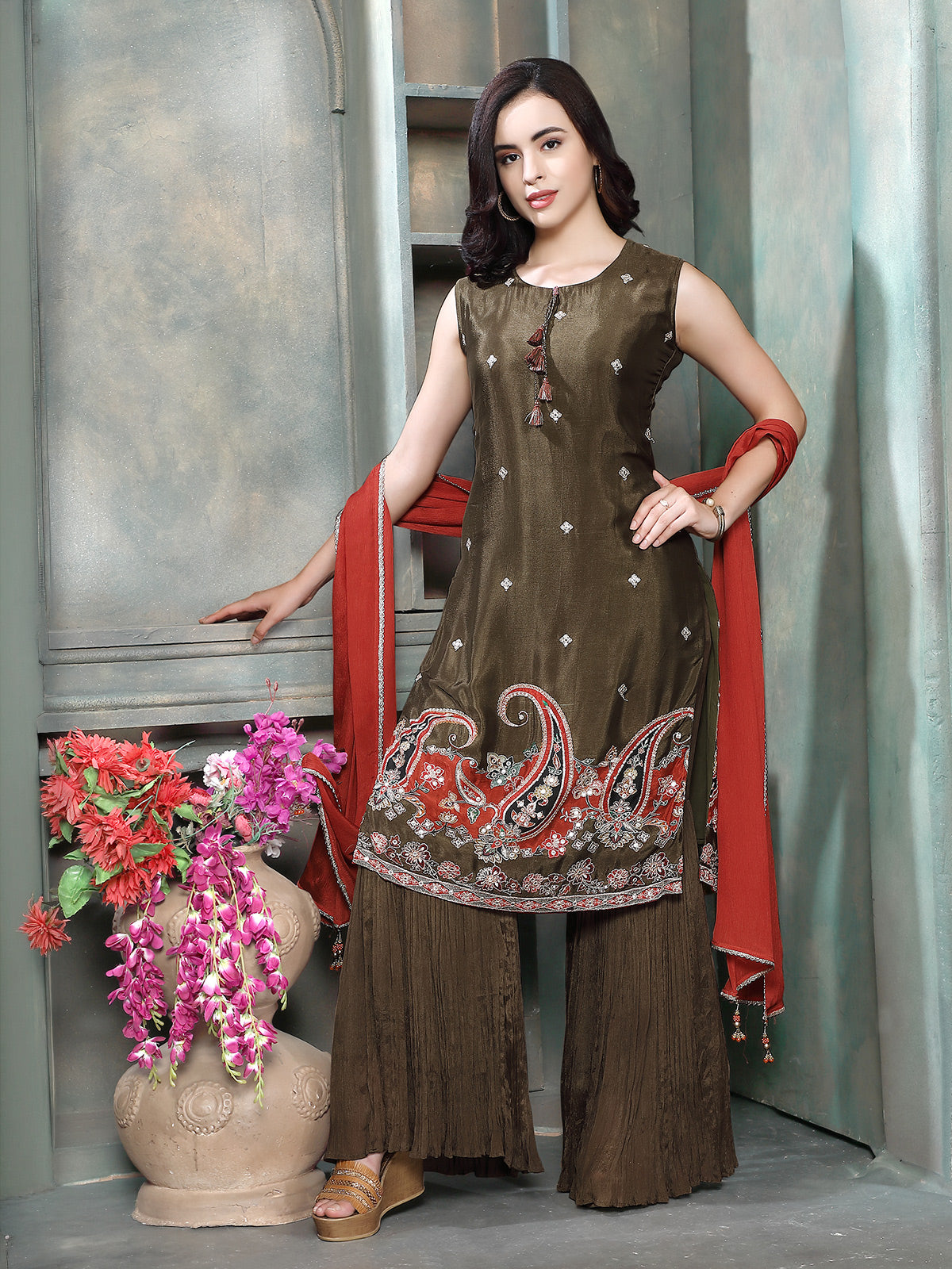 Olive green paisley women kurti set