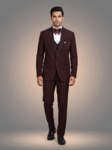 Wine maroon three-piece tuxedo suit with crystal brooch
