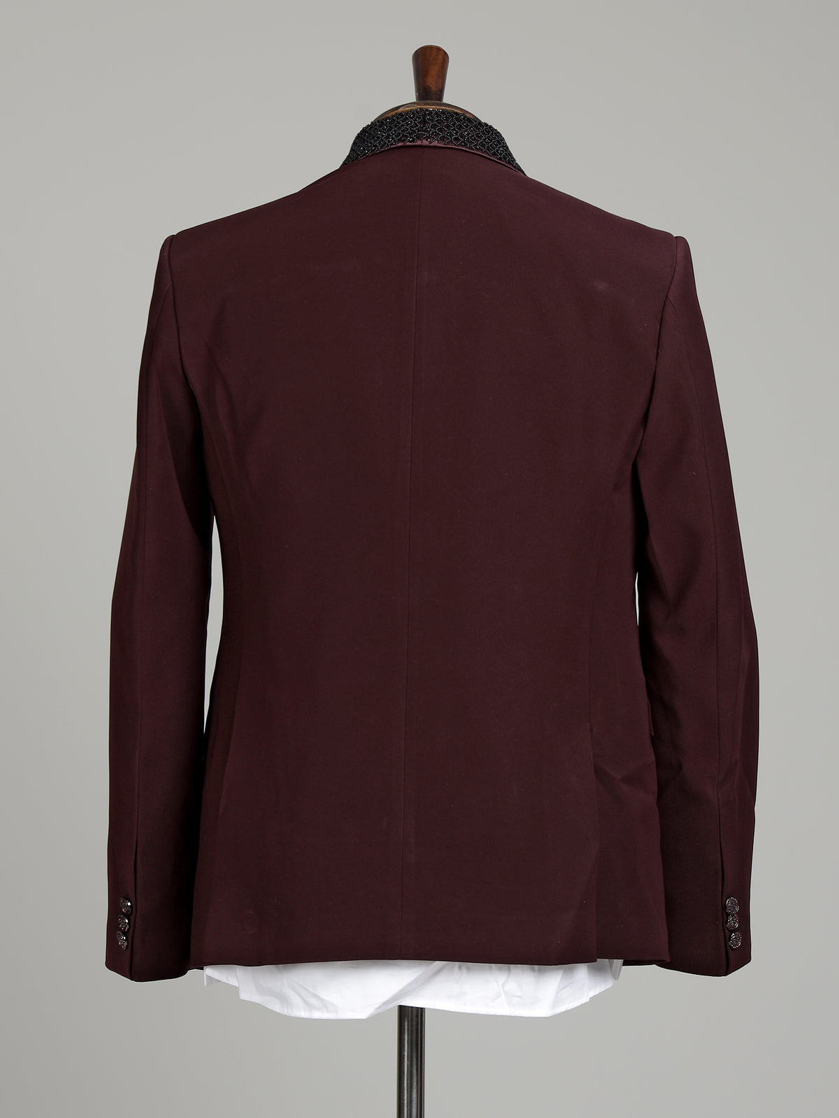 Wine maroon three-piece tuxedo suit with crystal brooch