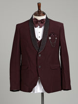 Wine maroon three-piece tuxedo suit with crystal brooch