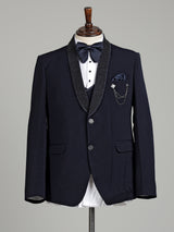 Midnight navy three-piece tuxedo suit with embellished shawl lapel