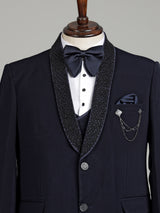Midnight navy three-piece tuxedo suit with embellished shawl lapel