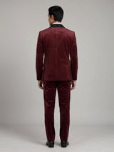 Rich maroon tuxedo suit with black satin shawl lapel