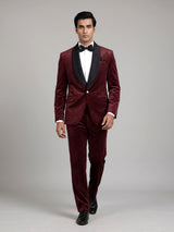 Rich maroon tuxedo suit with black satin shawl lapel