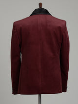 Rich maroon tuxedo suit with black satin shawl lapel